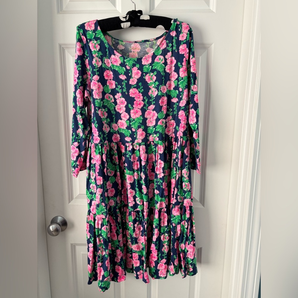 Lilly Pulitzer Geanna Swing Tiered Dress Oyster Bay Navy De Vine Size L - EUC!